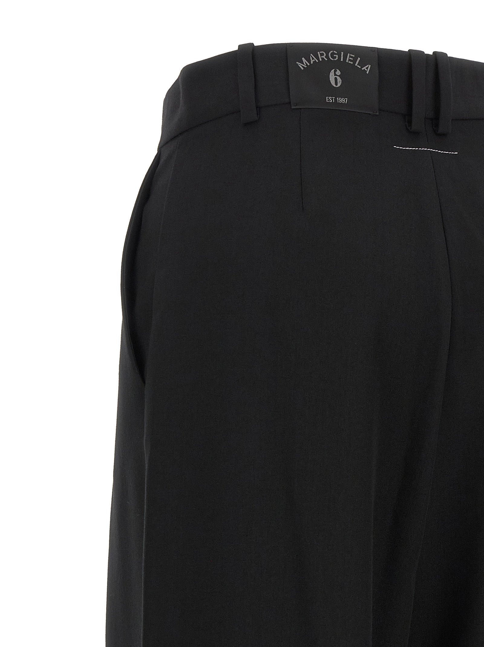 Trousers by MM6 Maison Margiela for women in polyester & virgin wool black, white & jacquard features an on trend silhouette, showcasing a sophisticated wide with a long and high rise for an on trend finish.