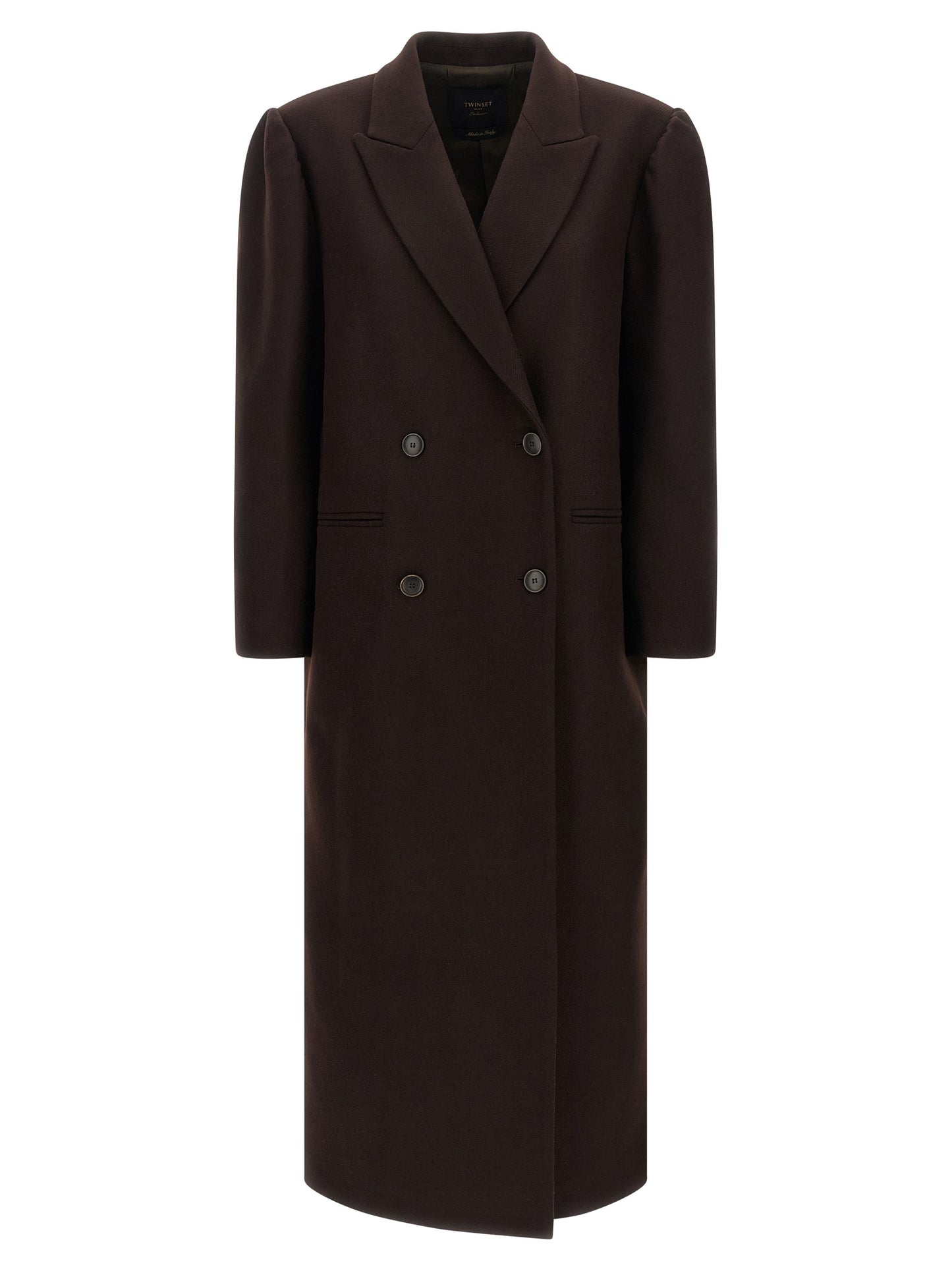 Overcoat by Twinset for women in polyamide wool brown features a cosy chic silhouette, artfully detailed with a sophisticated split neckline and premium pockets for a cosy chic finish.