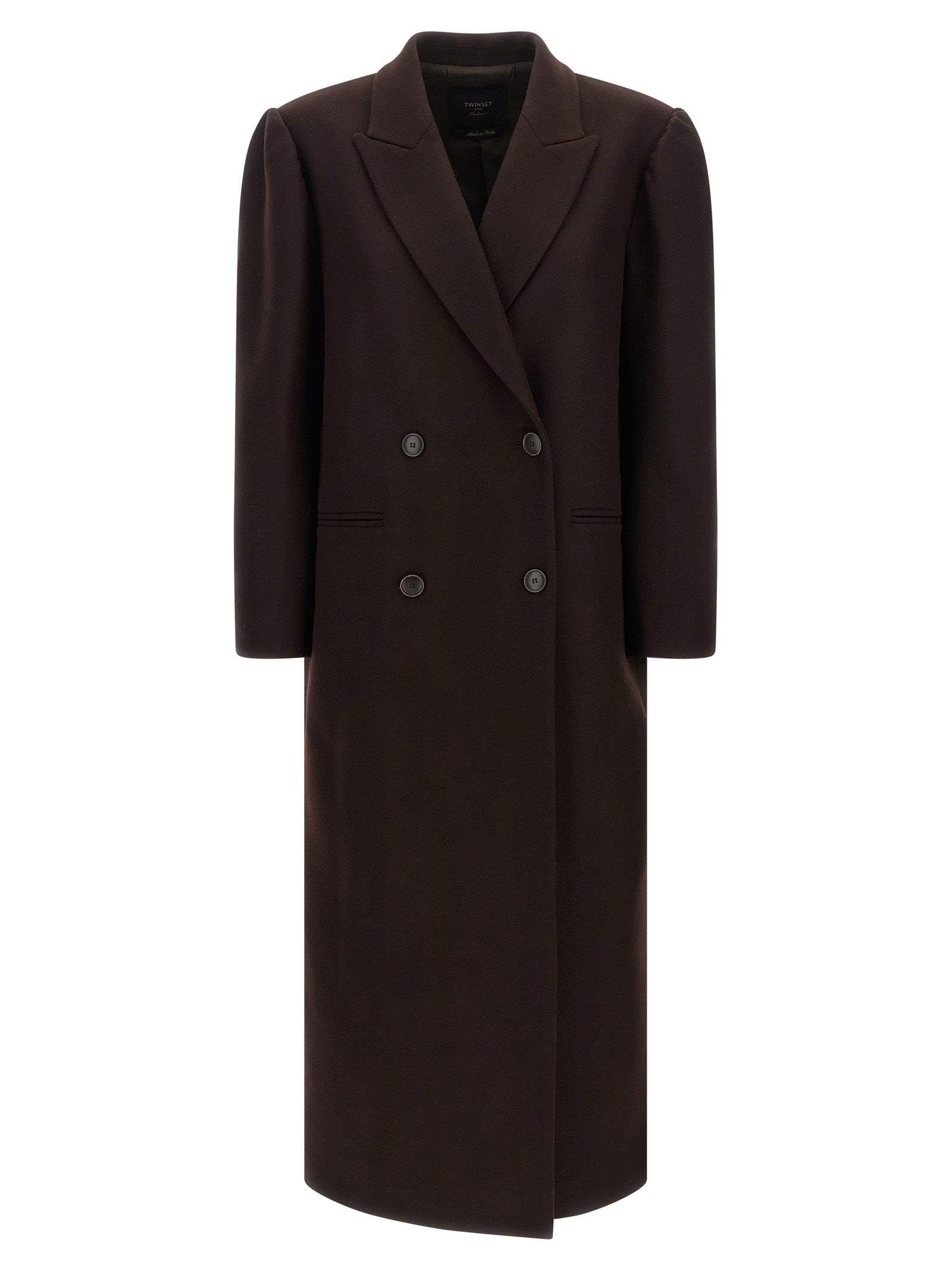 Overcoat by Twinset for women in polyamide wool brown features a cosy chic silhouette, artfully detailed with a sophisticated split neckline and premium pockets for a cosy chic finish.
