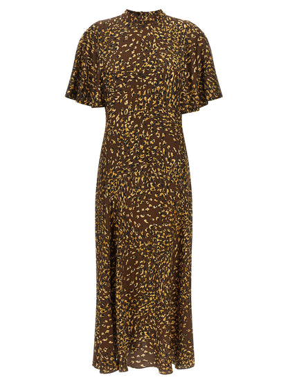 Dress by Twinset for women in viscose animal, black, brown, ocher & print features an cute silhouette, detailed with a and high-neck neckline that elegantly flows into a cute long.