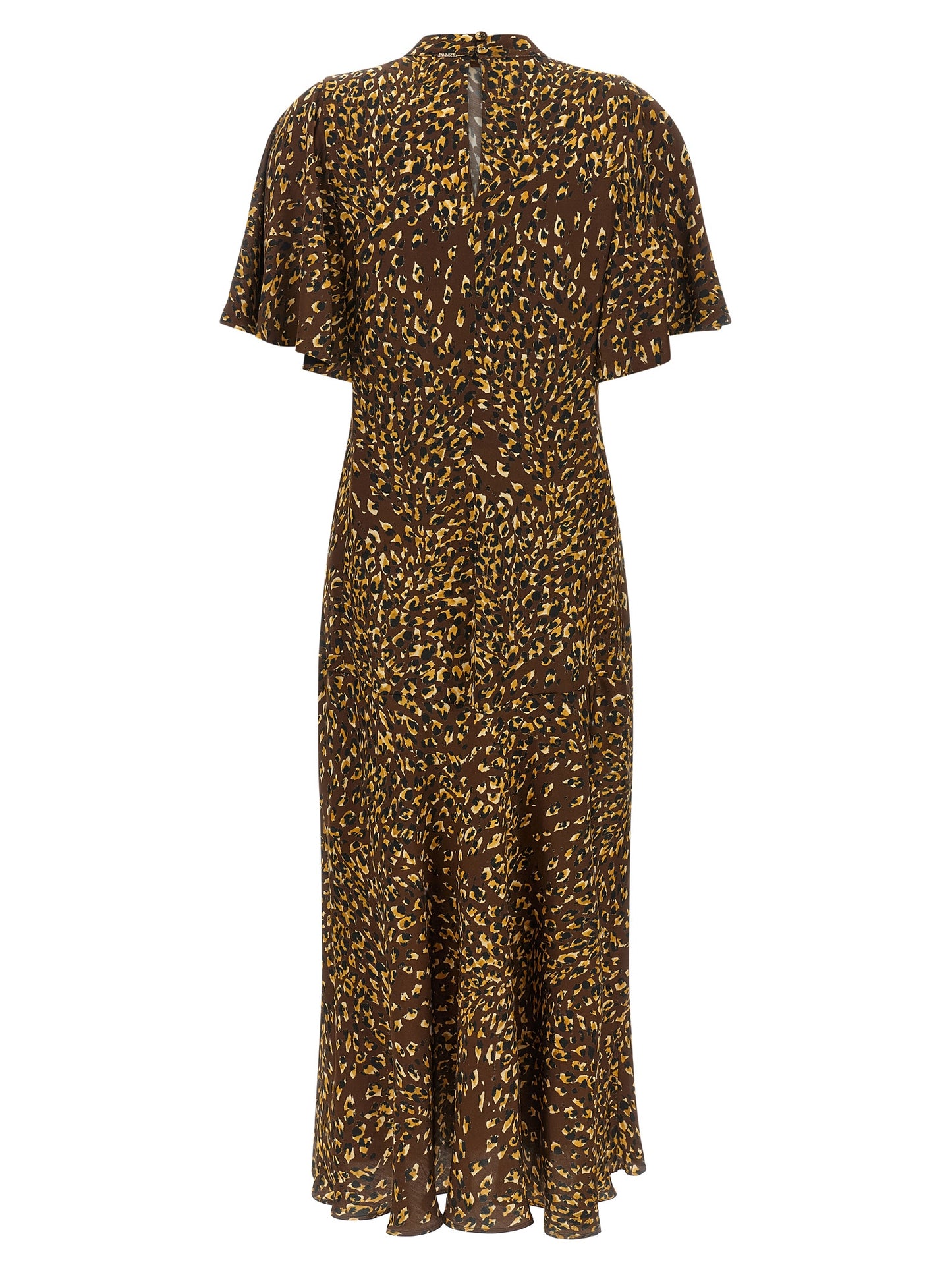 Dress by Twinset for women in viscose animal, black, brown, ocher & print presents a sinuous silhouette, showcasing a sophisticated high-neck neckline and detailed with a sinuous long for a refined finish.