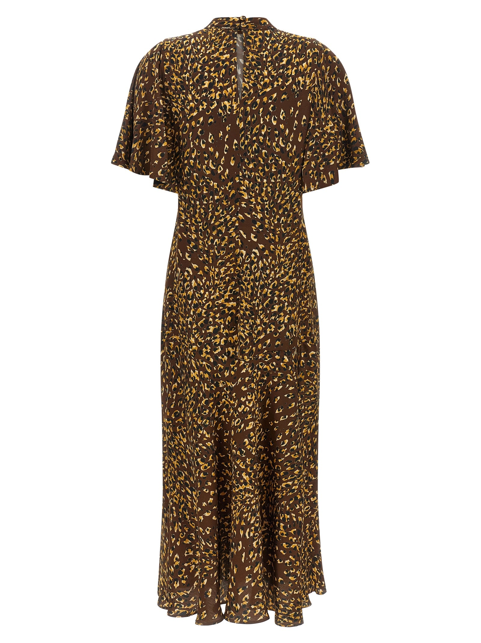 Dress by Twinset for women in viscose animal, black, brown, ocher & print presents a sinuous silhouette, showcasing a sophisticated high-neck neckline and detailed with a sinuous long for a refined finish.