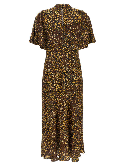 Dress by Twinset for women in viscose animal, black, brown, ocher & print presents a sinuous silhouette, showcasing a sophisticated high-neck neckline and detailed with a sinuous long for a refined finish.