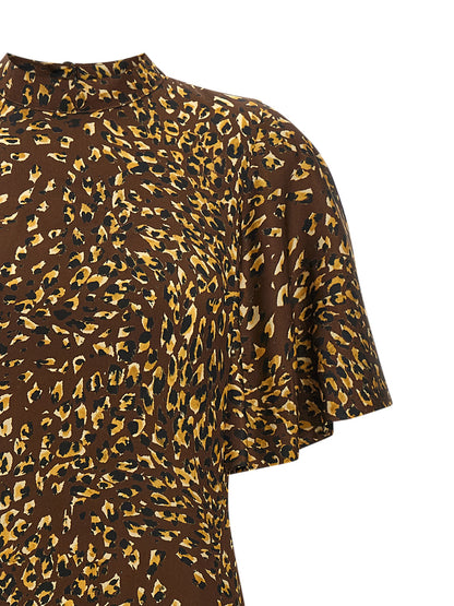 Dress by Twinset for women in viscose animal, black, brown, ocher & print features a dramatic silhouette, showcasing an elegant high-neck neckline and that flows into a dramatic long.