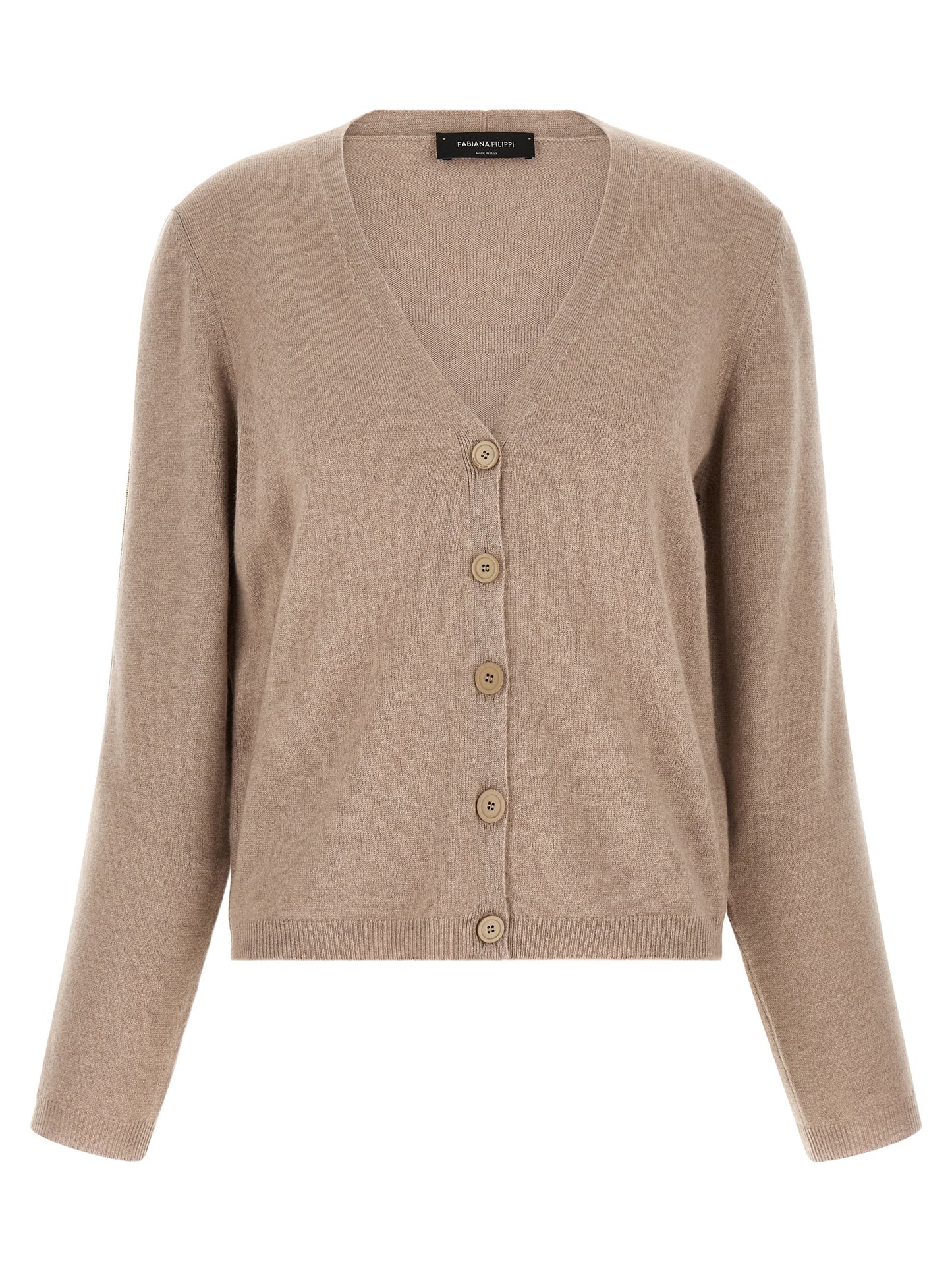 Cardigan by Fabiana Filippi for women in silk cashmere virgin wool beige showcases a captivating silhouette, artfully detailed with a captivating and v-neck neckline for a truly sophisticated captivating look.