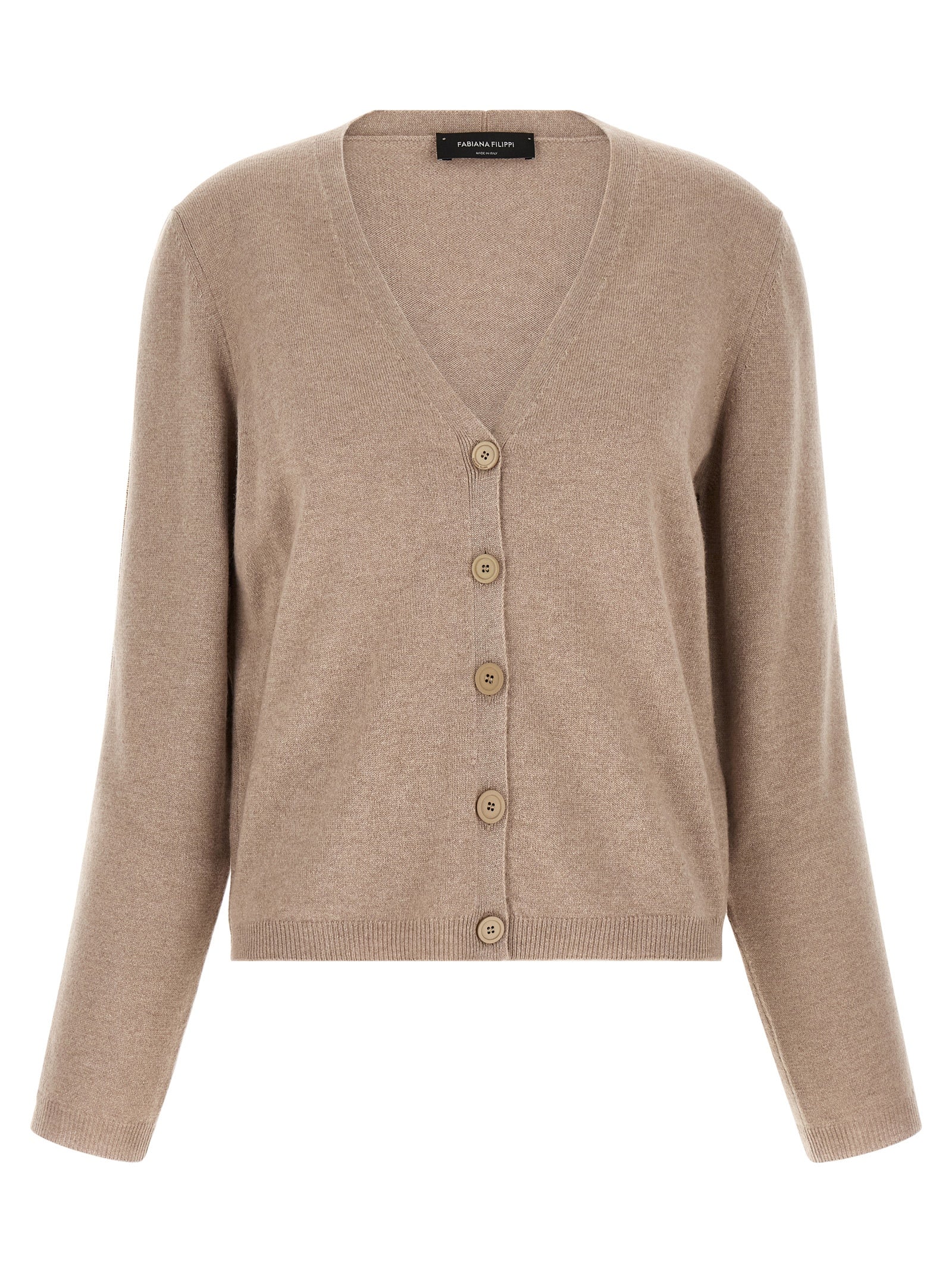 Cardigan by Fabiana Filippi for women in silk cashmere virgin wool beige showcases a captivating silhouette, artfully detailed with a captivating and v-neck neckline for a truly sophisticated captivating look.