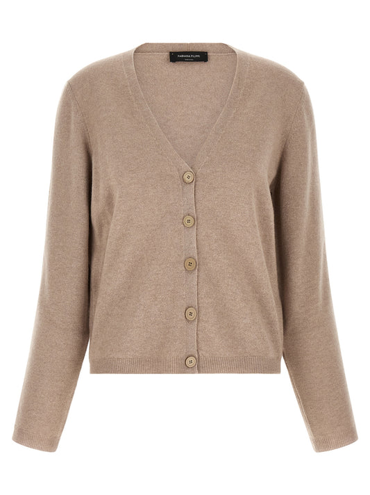 Cardigan by Fabiana Filippi for women in silk cashmere virgin wool beige showcases a captivating silhouette, artfully detailed with a captivating and v-neck neckline for a truly sophisticated captivating look.