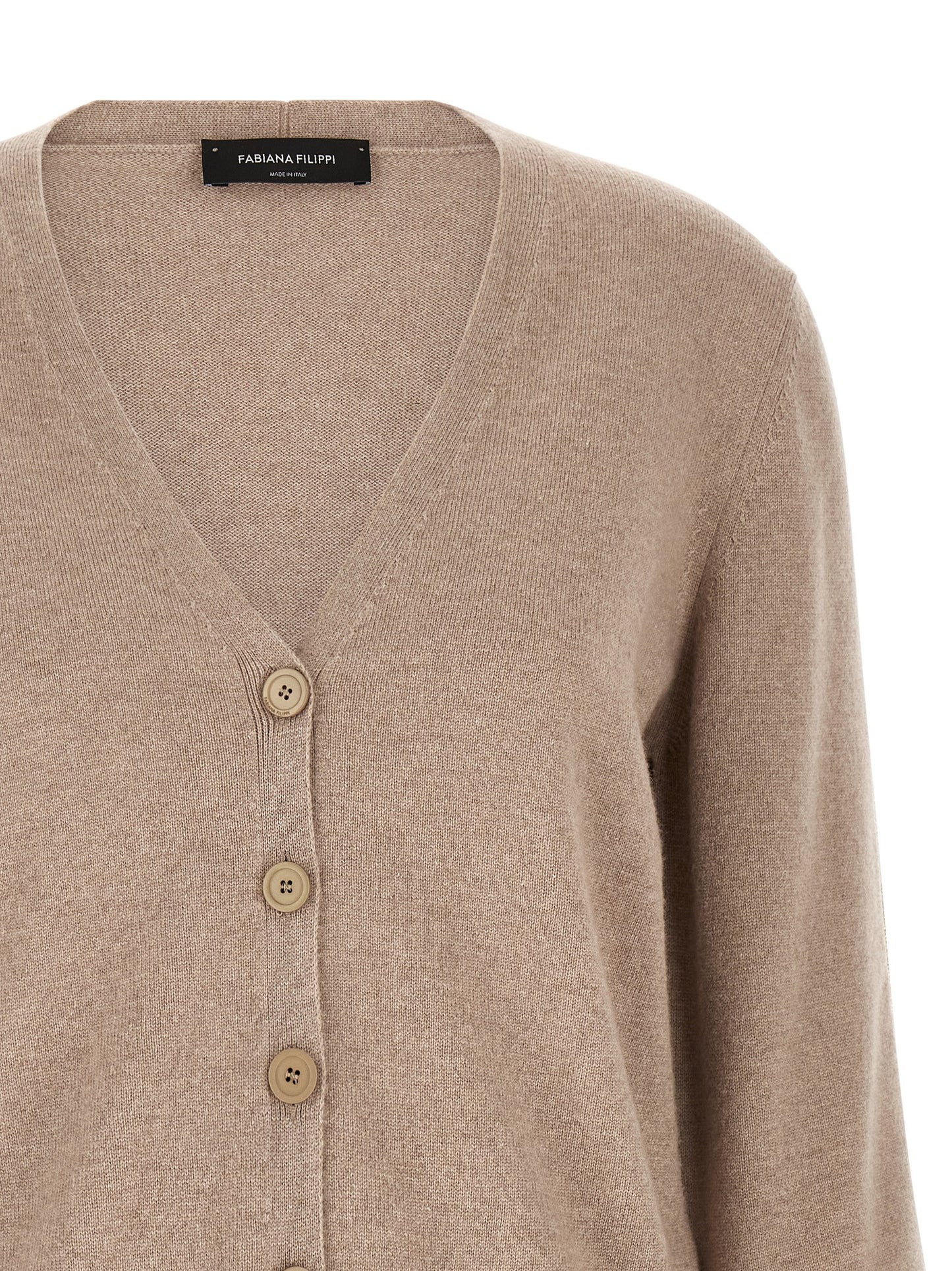 Cardigan by Fabiana Filippi for women in silk cashmere virgin wool beige showcases a luxurious silhouette, meticulously detailed with a sophisticated v-neck neckline and for a refined finish.