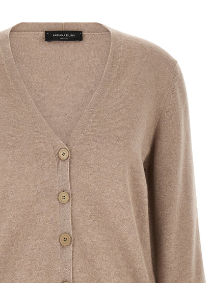 Cardigan by Fabiana Filippi for women in silk cashmere virgin wool beige showcases a luxurious silhouette, meticulously detailed with a sophisticated v-neck neckline and for a refined finish.