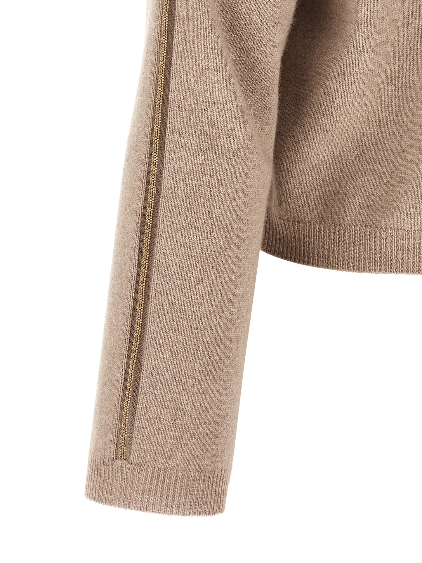 Cardigan by Fabiana Filippi for women in silk cashmere virgin wool beige presents a textural silhouette, artfully finished with a textural and for a sophisticated, textural look.