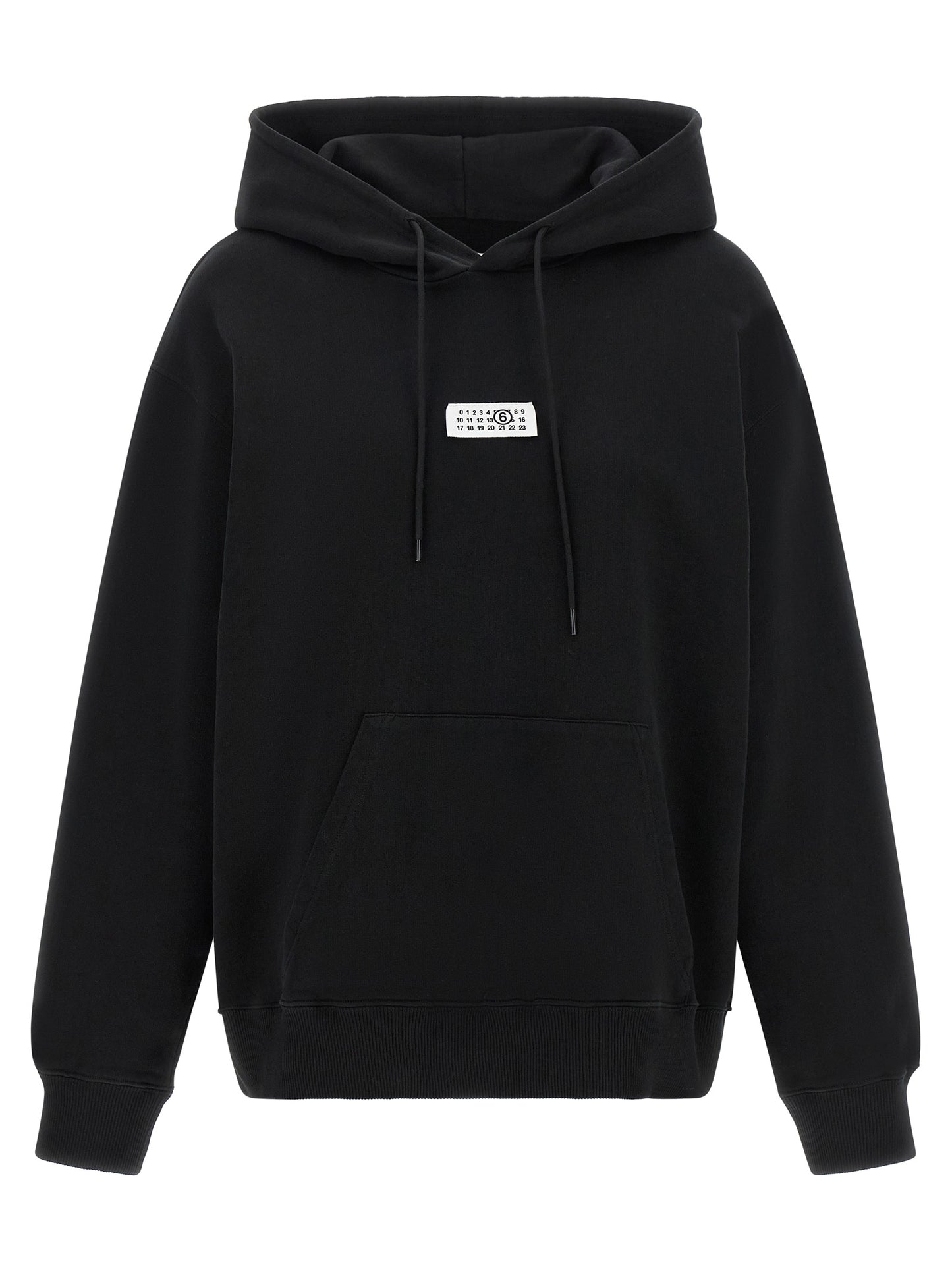 Sweatshirt Hoodie by MM6 Maison Margiela for women in cotton black, white & signature features a slouchy chic silhouette, detailed with a slouchy chic and a signature hooded neckline for an elevated aesthetic.