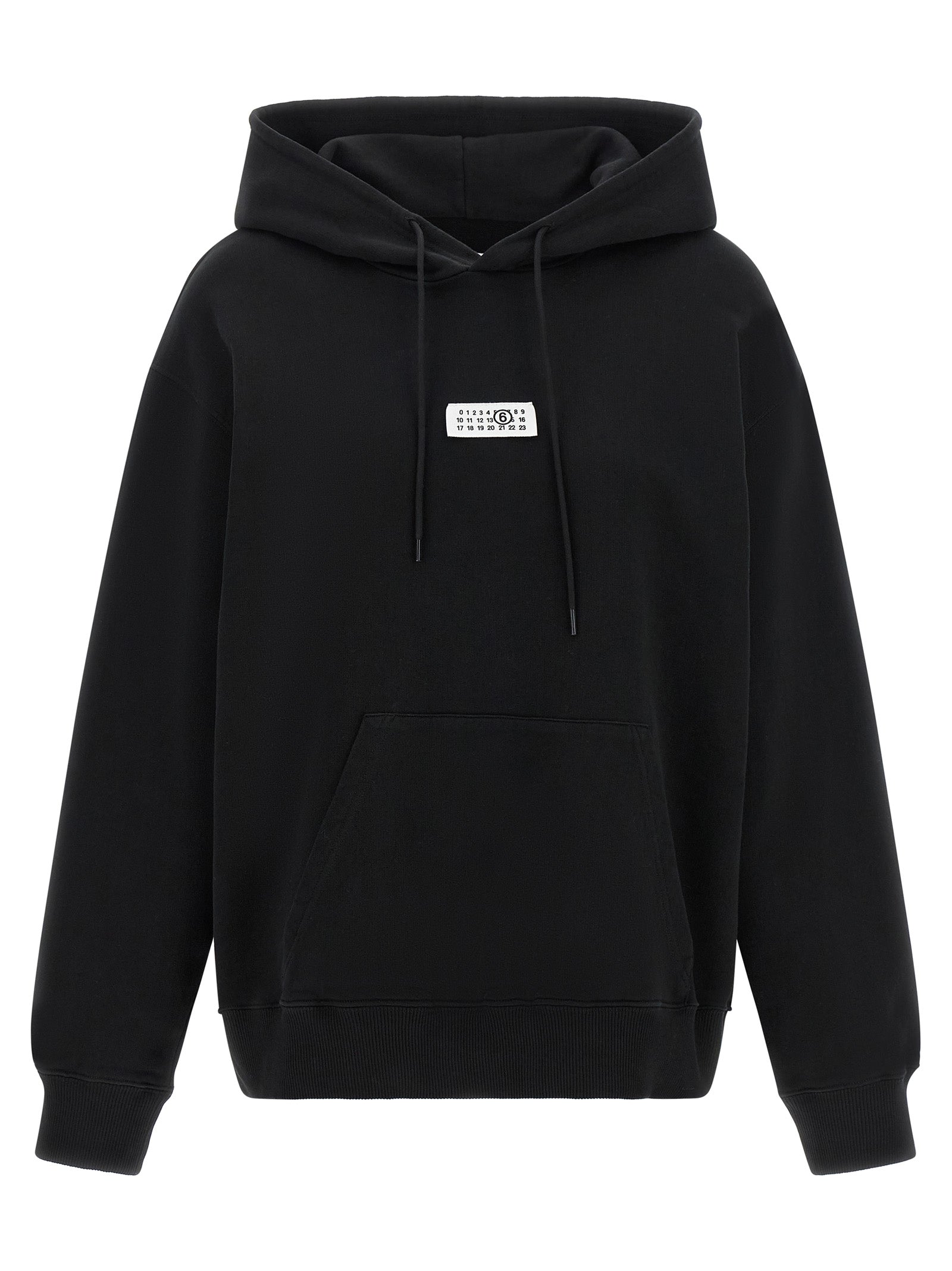 Sweatshirt Hoodie by MM6 Maison Margiela for women in cotton black, white & signature features a slouchy chic silhouette, detailed with a slouchy chic and a signature hooded neckline for an elevated aesthetic.