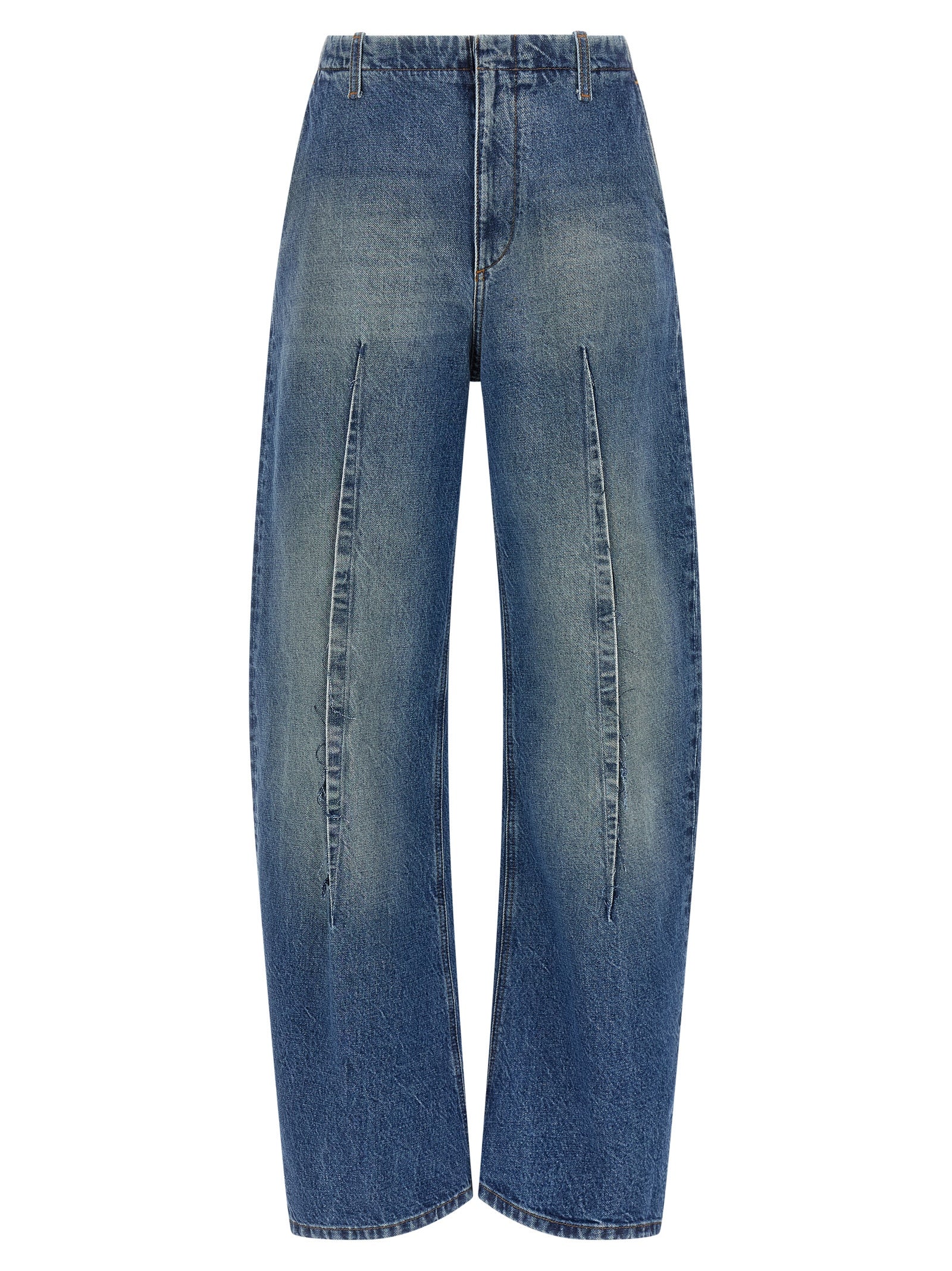 Jeans by MM6 Maison Margiela for women in denim cotton blue & white presents a refined pantology silhouette, artfully defined by a refined pantology , long, and a sophisticated high rise.