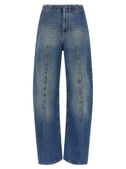 Jeans by MM6 Maison Margiela for women in denim cotton blue & white presents a refined pantology silhouette, artfully defined by a refined pantology , long, and a sophisticated high rise.