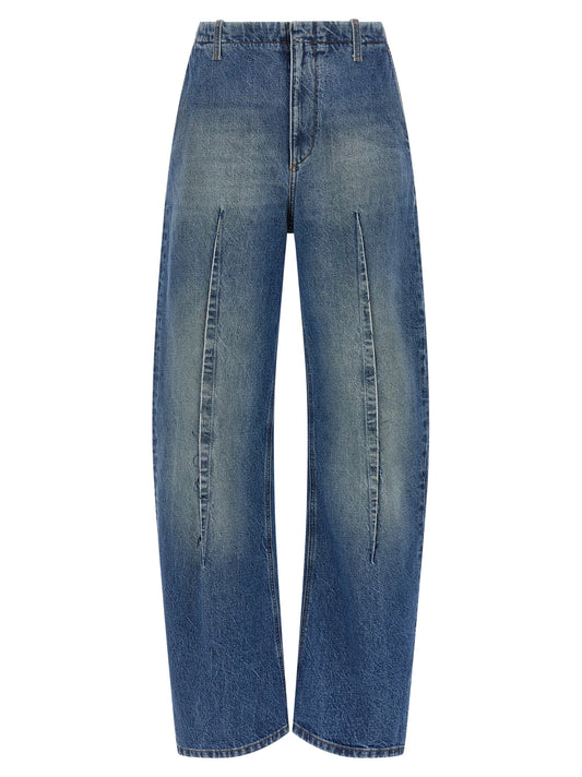 Jeans by MM6 Maison Margiela for women in denim cotton blue & white presents a refined pantology silhouette, artfully defined by a refined pantology , long, and a sophisticated high rise.