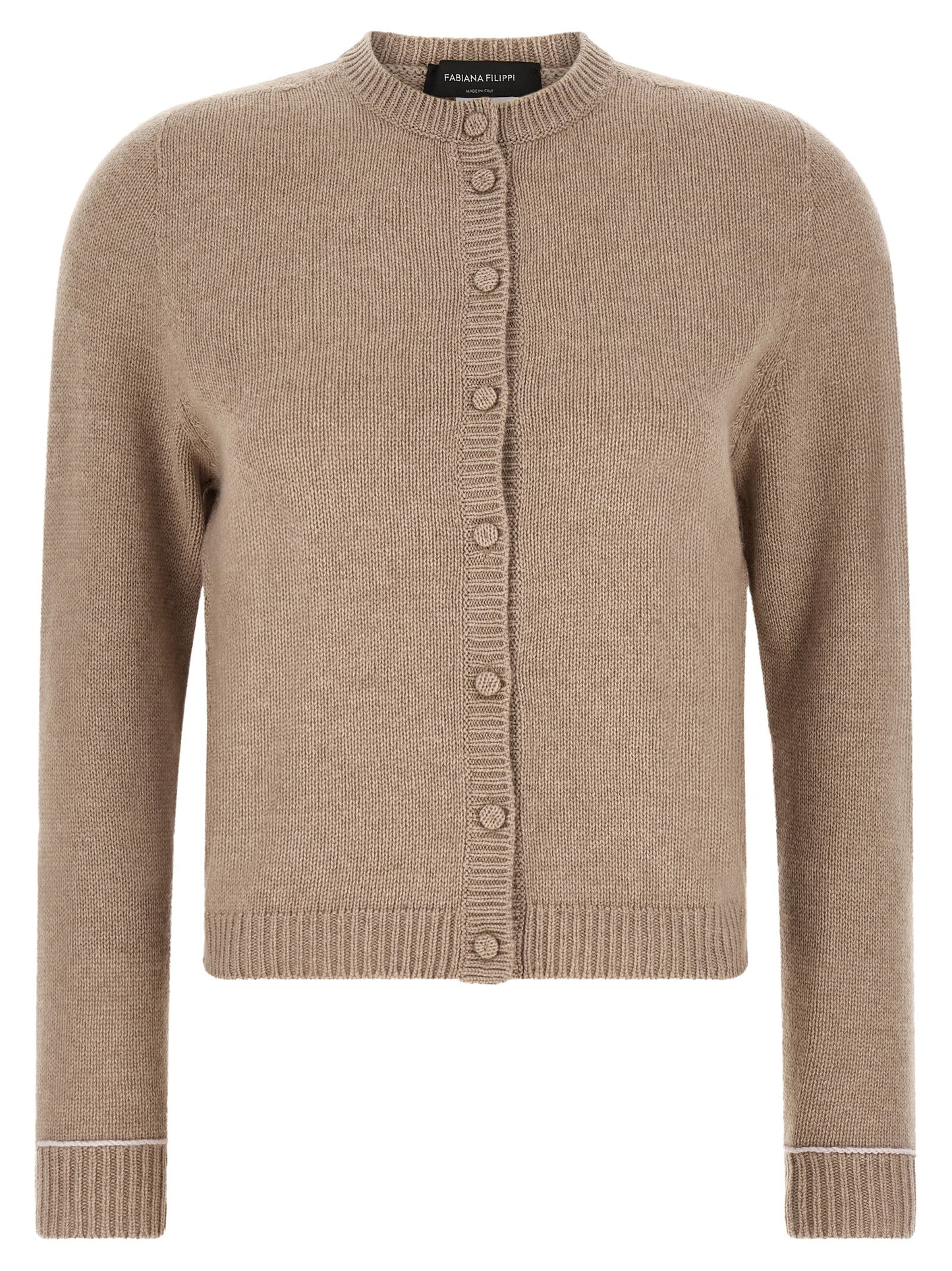 Cardigan by Fabiana Filippi for women in silk cashmere virgin wool beige showcases a captivating silhouette, artfully detailed with a captivating and crew neckline for a truly sophisticated captivating look.