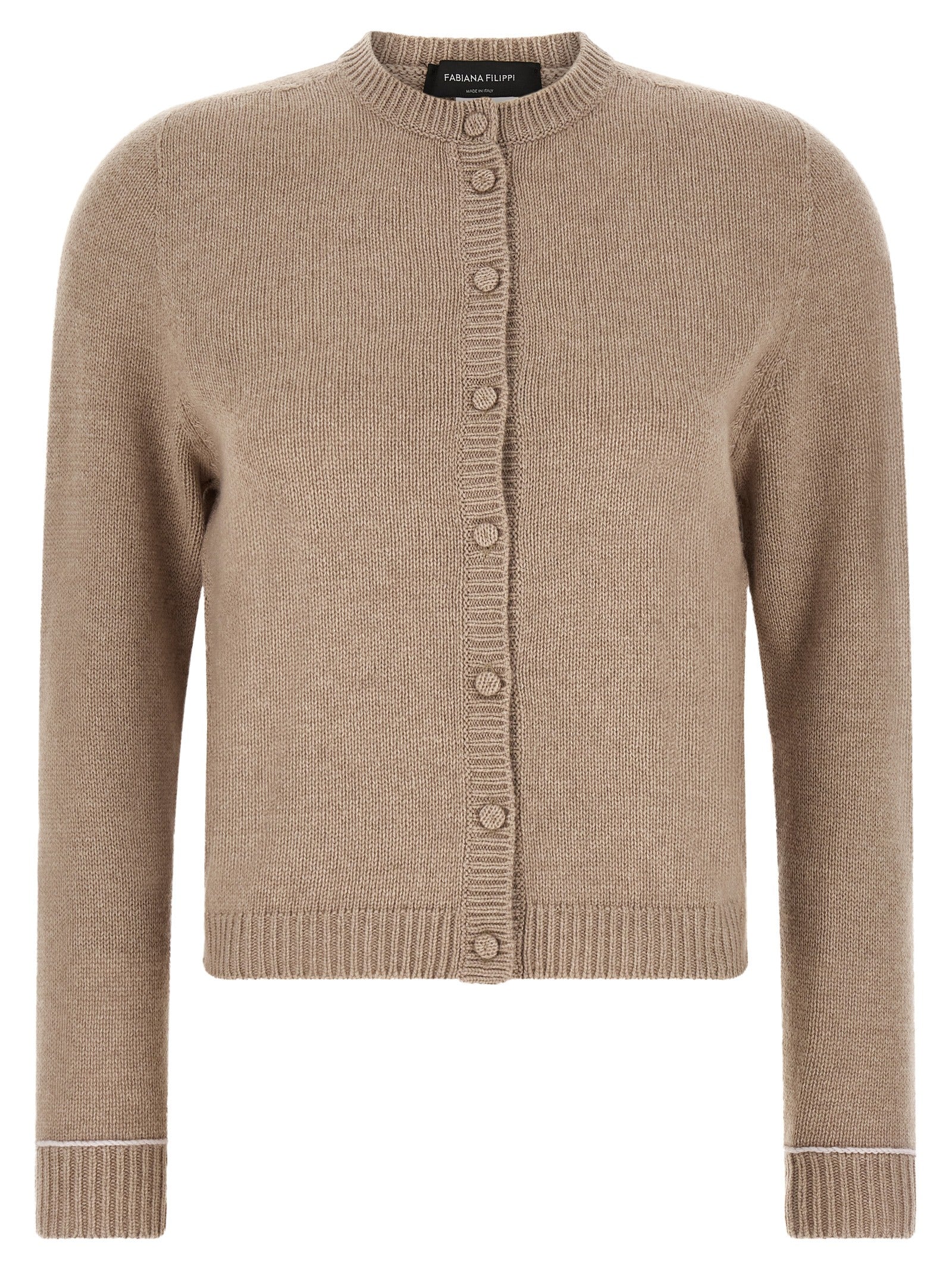 Cardigan by Fabiana Filippi for women in silk cashmere virgin wool beige showcases a captivating silhouette, artfully detailed with a captivating and crew neckline for a truly sophisticated captivating look.