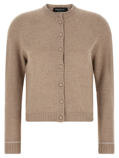 Cardigan by Fabiana Filippi for women in silk cashmere virgin wool beige showcases a captivating silhouette, artfully detailed with a captivating and crew neckline for a truly sophisticated captivating look.