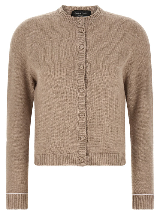 Cardigan by Fabiana Filippi for women in silk cashmere virgin wool beige showcases a captivating silhouette, artfully detailed with a captivating and crew neckline for a truly sophisticated captivating look.