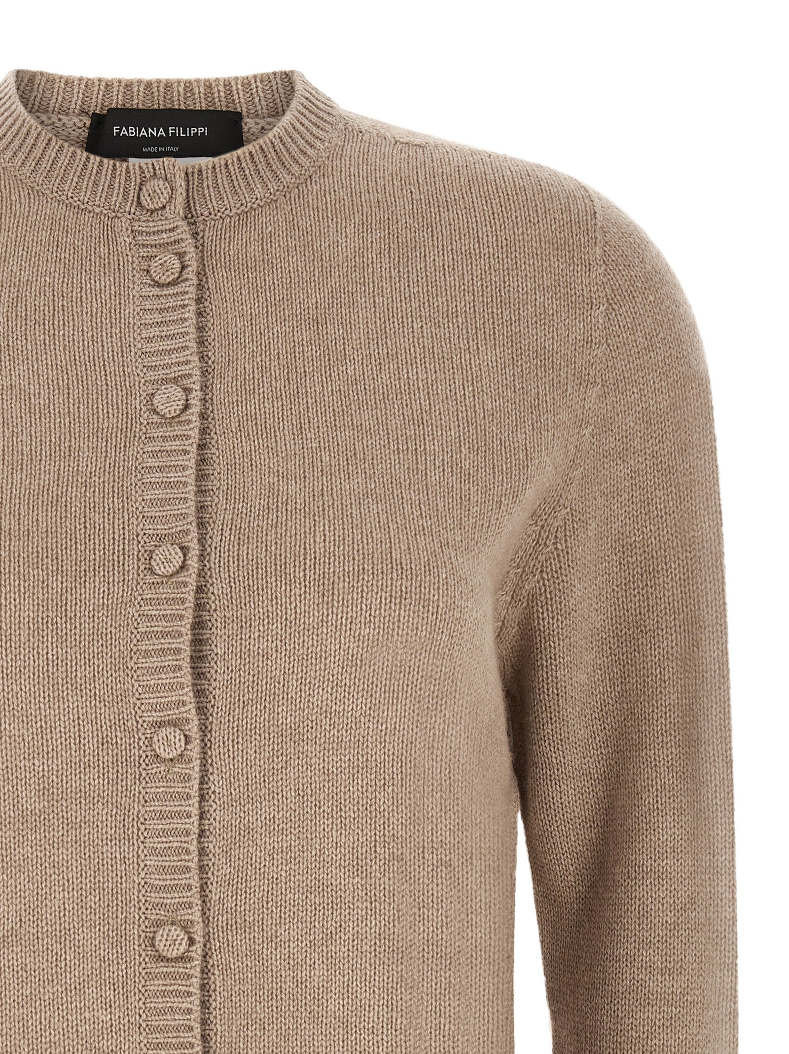 Cardigan by Fabiana Filippi for women in silk cashmere virgin wool beige features a dramatic silhouette, showcasing a sophisticated crew neckline and dramatic detail for a timeless, premium look.