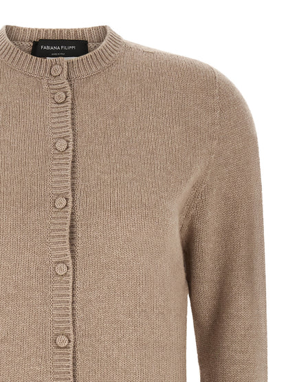 Cardigan by Fabiana Filippi for women in silk cashmere virgin wool beige features a dramatic silhouette, showcasing a sophisticated crew neckline and dramatic detail for a timeless, premium look.