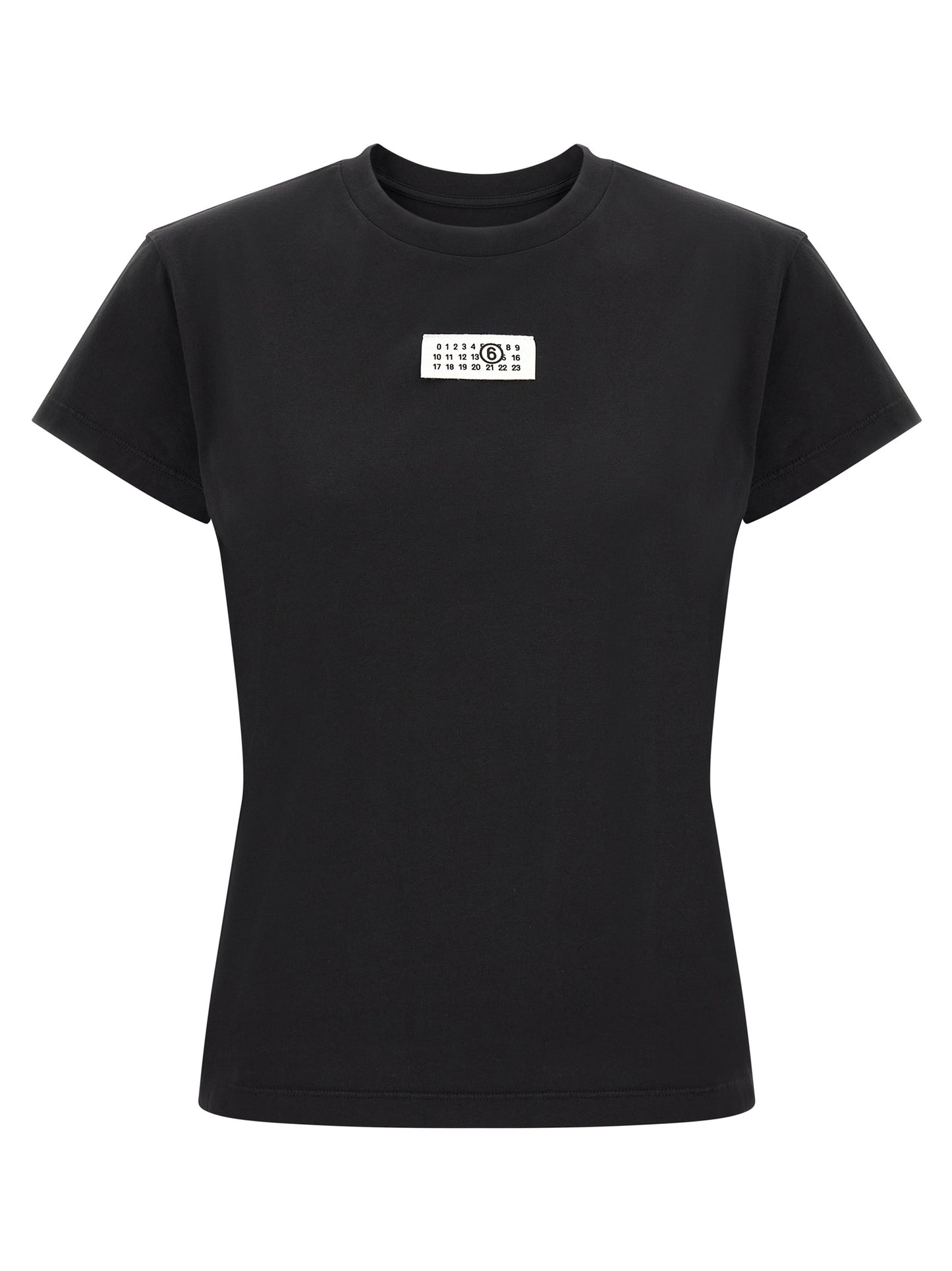 T-Shirt by MM6 Maison Margiela for women in cotton black, white & signature showcases a dramatic silhouette, elegantly detailed with a dramatic crew neckline and short-sleeve for a truly dramatic finish.