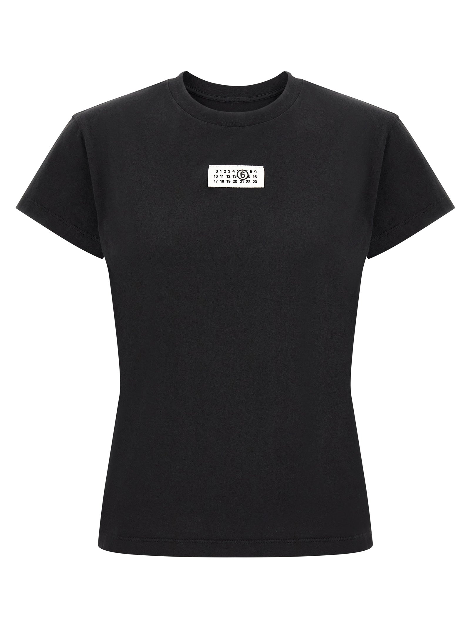 T-Shirt by MM6 Maison Margiela for women in cotton black, white & signature showcases a dramatic silhouette, elegantly detailed with a dramatic crew neckline and short-sleeve for a truly dramatic finish.