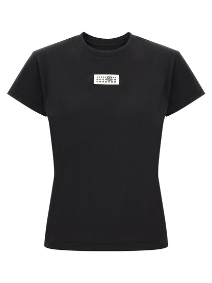 T-Shirt by MM6 Maison Margiela for women in cotton black, white & signature showcases a dramatic silhouette, elegantly detailed with a dramatic crew neckline and short-sleeve for a truly dramatic finish.