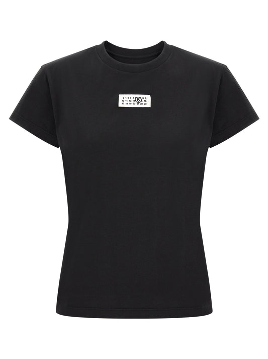 T-Shirt by MM6 Maison Margiela for women in cotton black, white & signature showcases a dramatic silhouette, elegantly detailed with a dramatic crew neckline and short-sleeve for a truly dramatic finish.