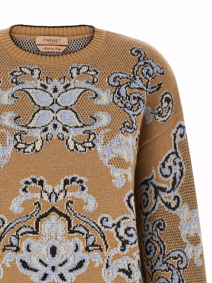 Cardigan by Twinset for women in cashmere wool polyamide & viscose brown & jacquard showcases a luxurious silhouette, meticulously detailed with a sophisticated crew neckline and for a refined finish.