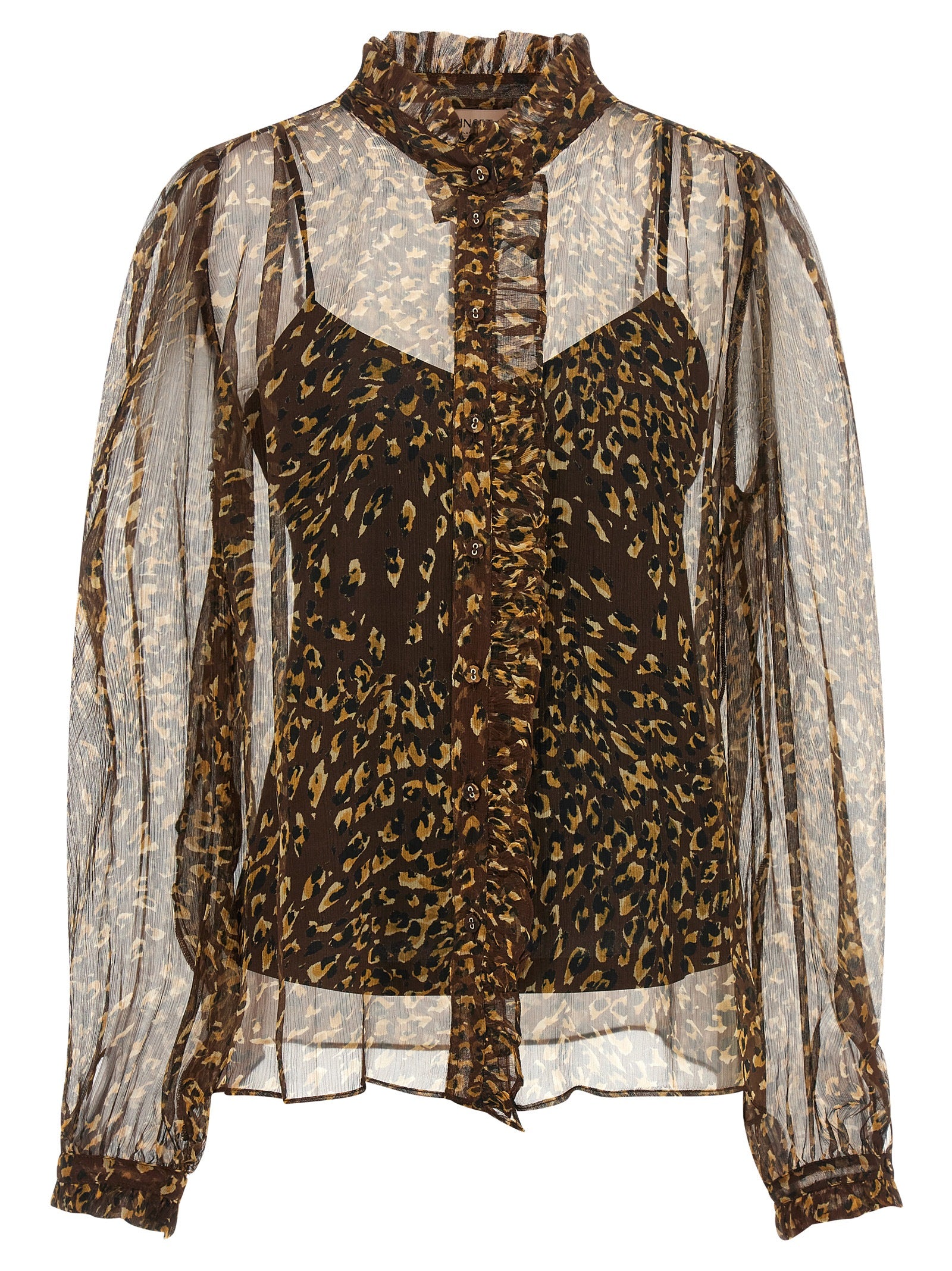 Blouse by Twinset for women in polyester & silk animal, brown, transparent & print presents a discerning silhouette, showcasing a sophisticated v-neck neckline and for a truly discerning finish.