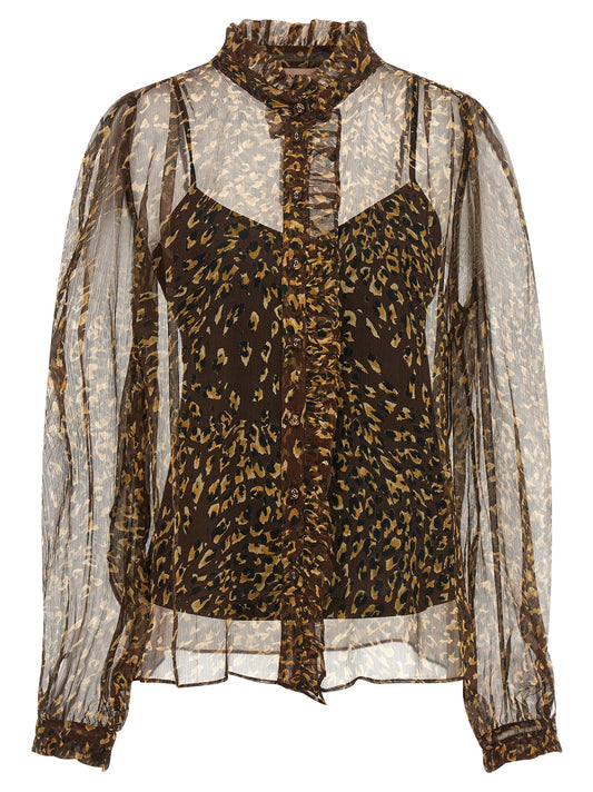 Blouse by Twinset for women in polyester & silk animal, brown, transparent & print presents a discerning silhouette, showcasing a sophisticated v-neck neckline and for a truly discerning finish.