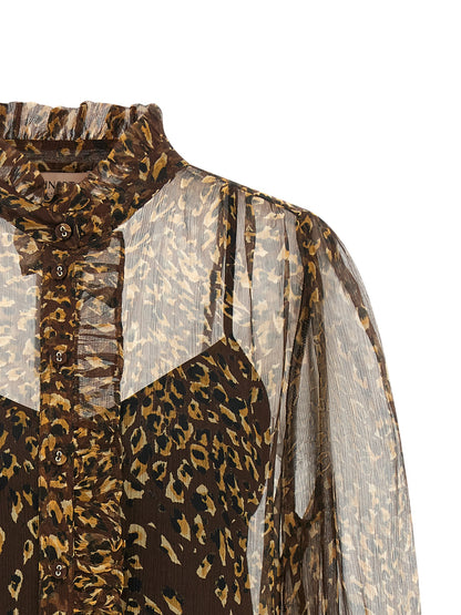 Blouse by Twinset for women in polyester & silk animal, brown, transparent & print showcases a sharp silhouette, elegantly detailed with a sharp v-neck neckline and sharp .