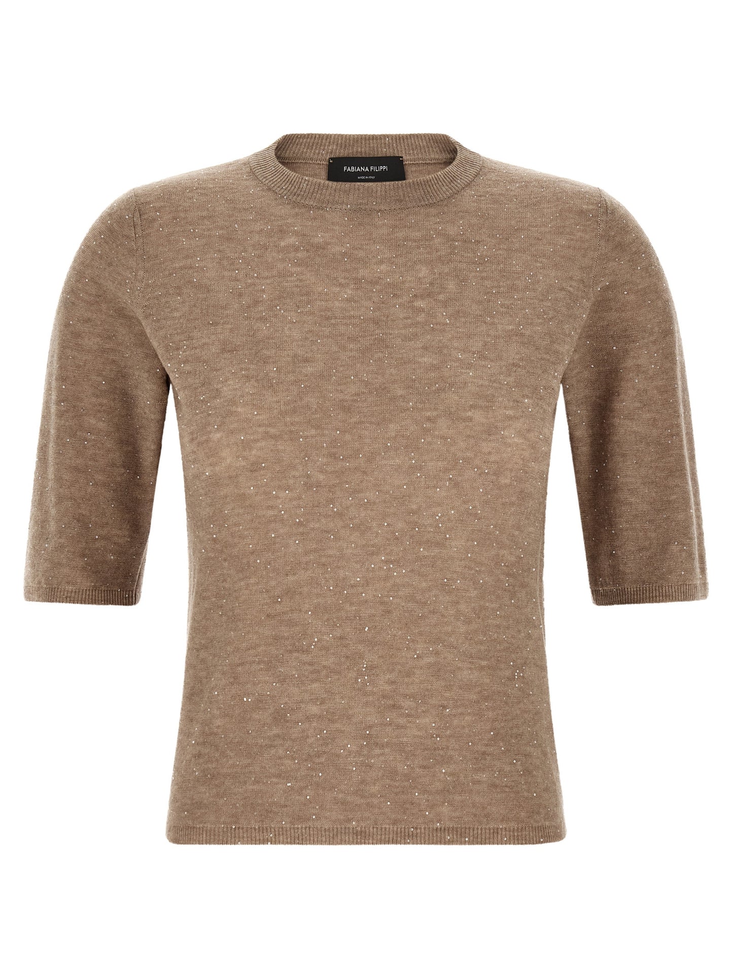Sweater by Fabiana Filippi for women in wool & sequins beige showcases a discreet silhouette, finished with a discreet round neckline and short-sleeve for a discreet look.