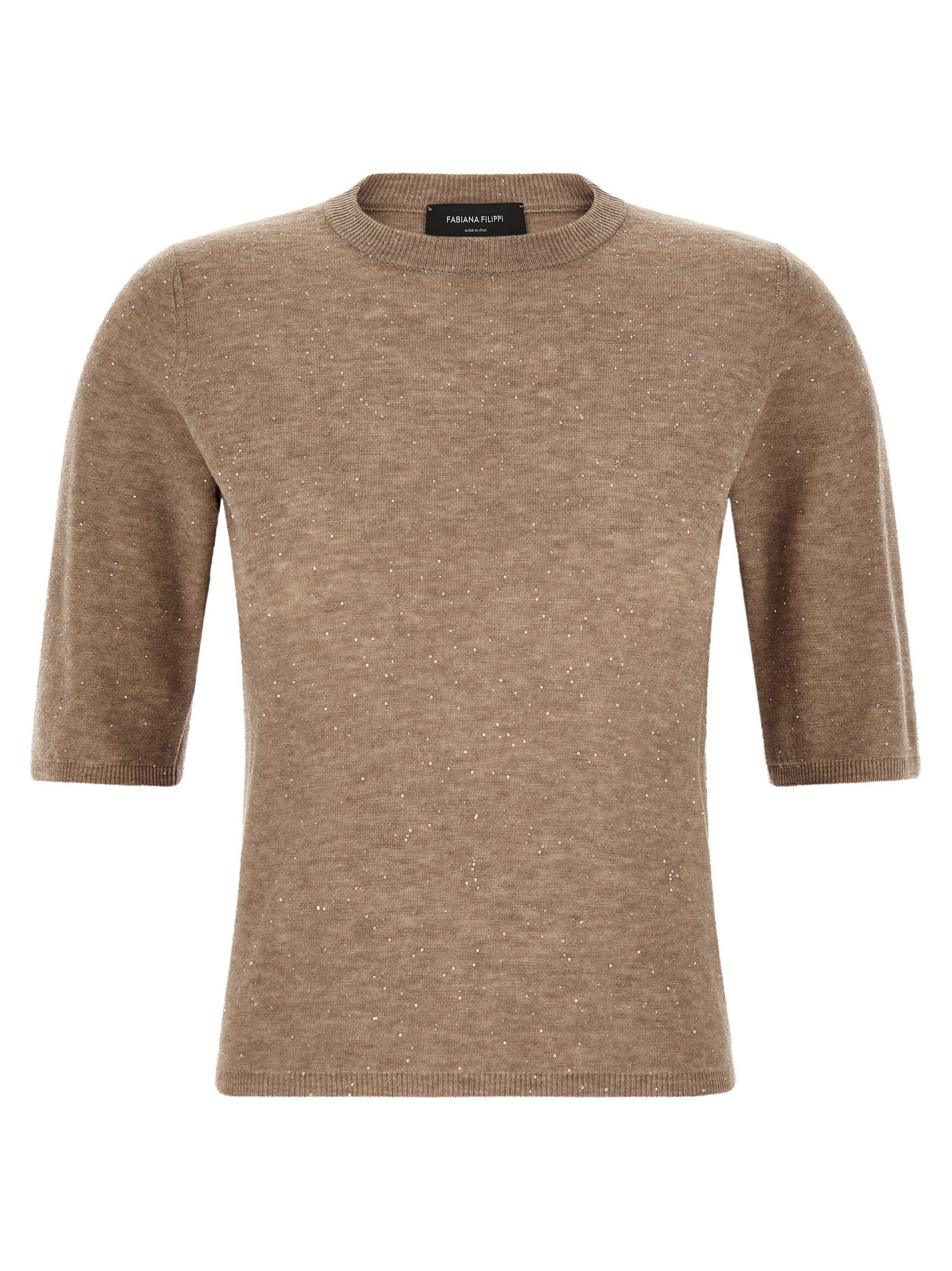 Sweater by Fabiana Filippi for women in wool & sequins beige showcases a discreet silhouette, finished with a discreet round neckline and short-sleeve for a discreet look.