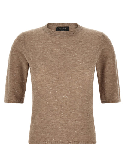 Sweater by Fabiana Filippi for women in wool & sequins beige showcases a discreet silhouette, finished with a discreet round neckline and short-sleeve for a discreet look.