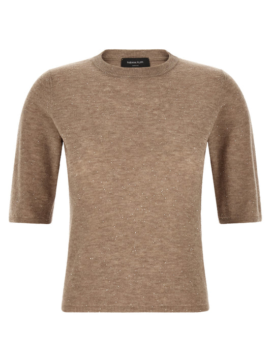 Sweater by Fabiana Filippi for women in wool & sequins beige showcases a discreet silhouette, finished with a discreet round neckline and short-sleeve for a discreet look.