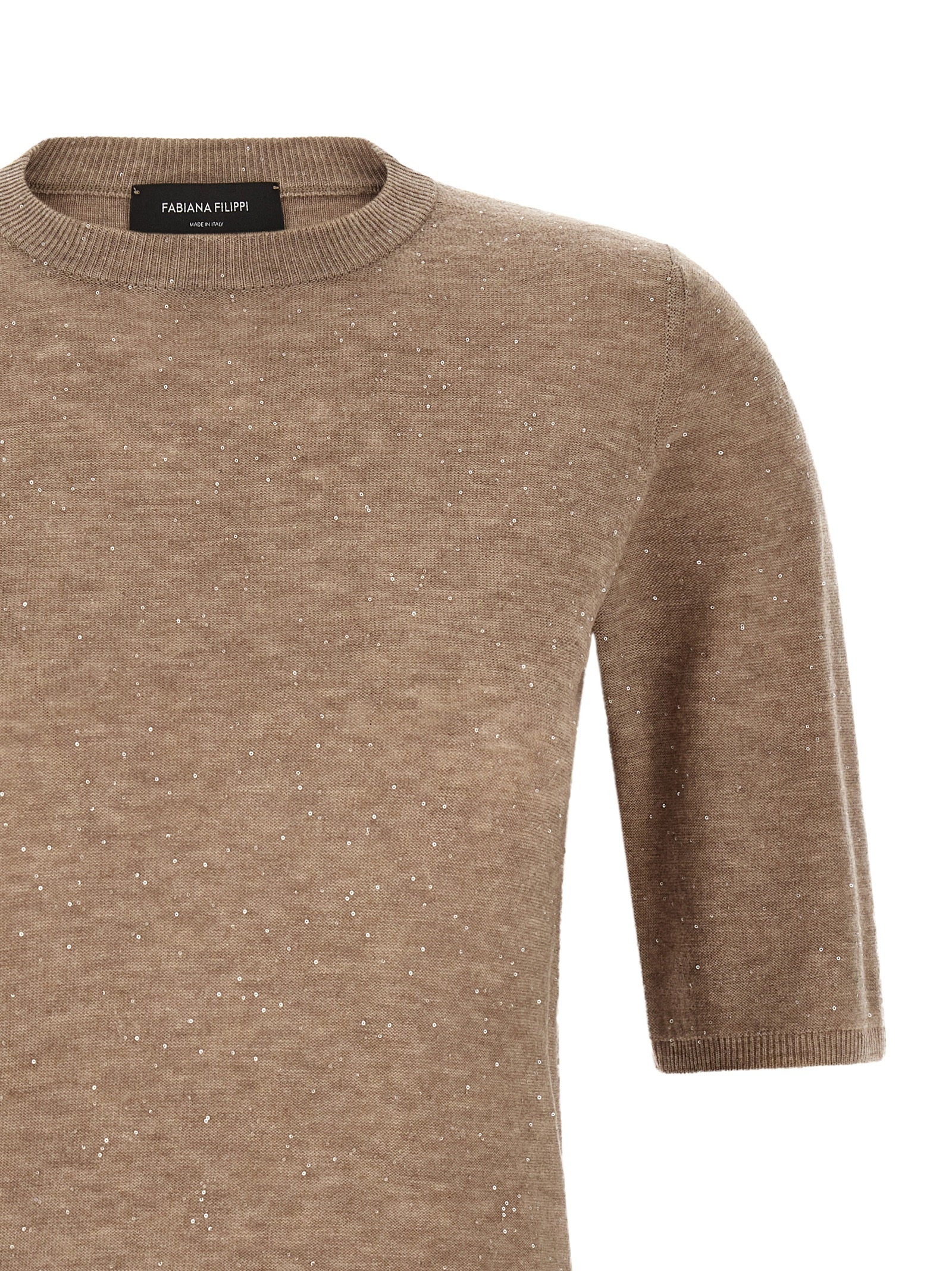 Sweater by Fabiana Filippi for women in wool & sequins beige showcases a sumptuous silhouette, artfully finished with a sumptuous and for a sophisticated, sumptuous look.