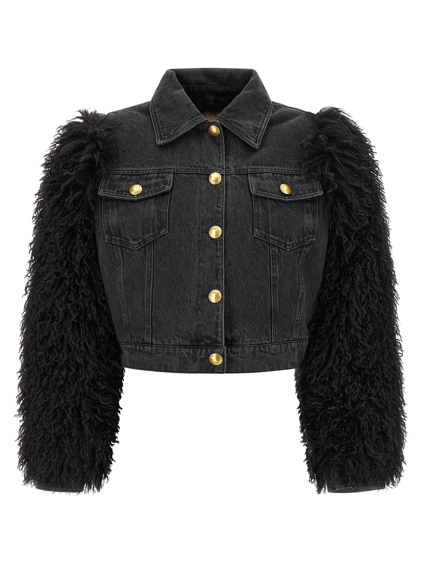 Trucker Jacket by Twinset for women in denim cotton black & gold features an contemporary silhouette, showcasing a sophisticated and contemporary for a truly refined look.