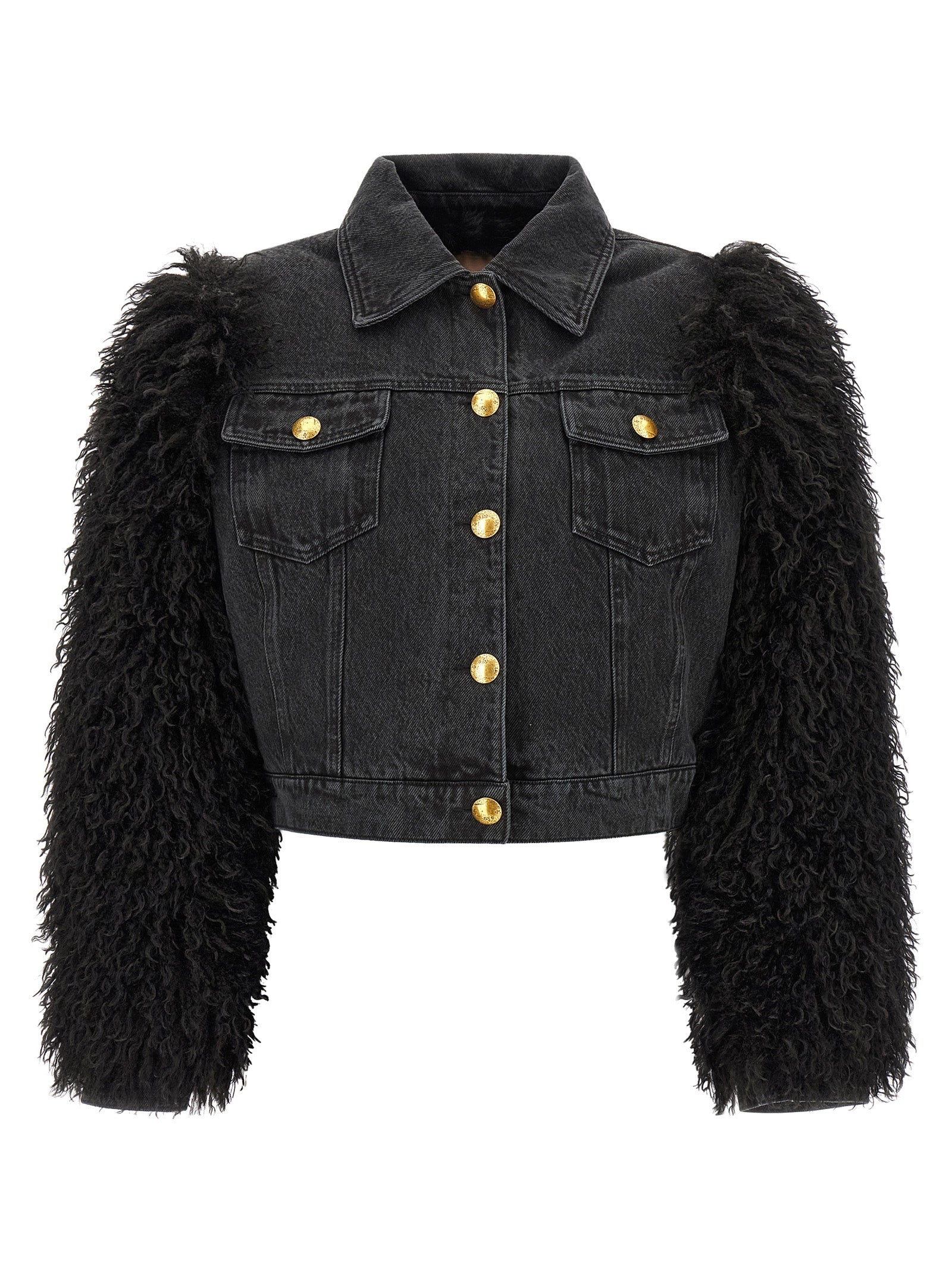 Trucker Jacket by Twinset for women in denim cotton black & gold features an contemporary silhouette, showcasing a sophisticated and contemporary for a truly refined look.