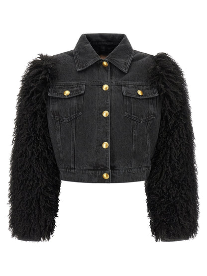 Trucker Jacket by Twinset for women in denim cotton black & gold features an contemporary silhouette, showcasing a sophisticated and contemporary for a truly refined look.