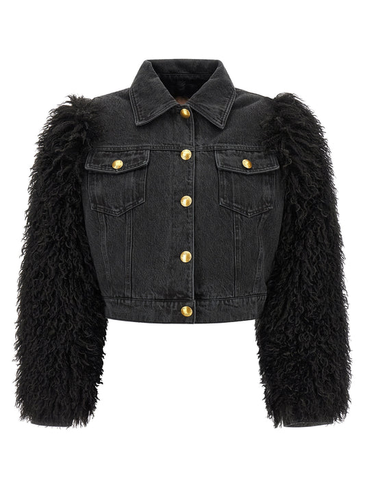 Trucker Jacket by Twinset for women in denim cotton black & gold features an contemporary silhouette, showcasing a sophisticated and contemporary for a truly refined look.