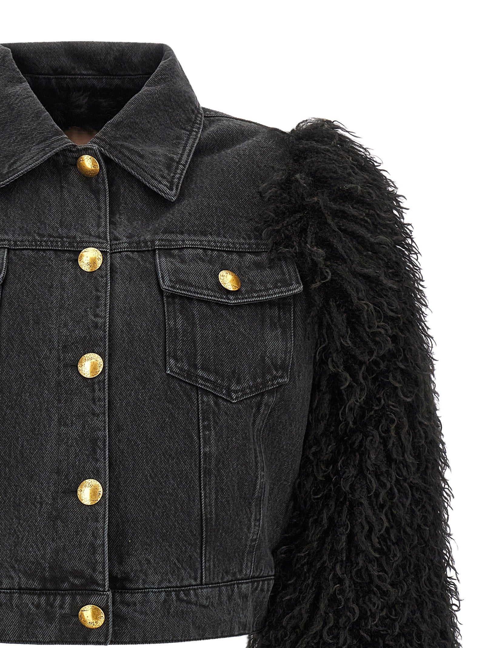 Trucker Jacket by Twinset for women in denim cotton black & gold features a dramatic silhouette, showcasing a sophisticated and distinctive for a dramatic aesthetic.
