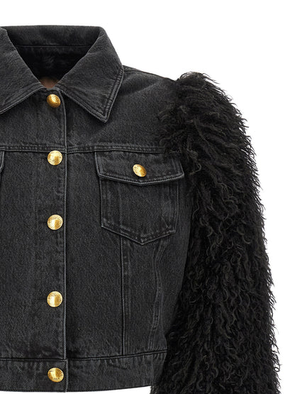 Trucker Jacket by Twinset for women in denim cotton black & gold features a dramatic silhouette, showcasing a sophisticated and distinctive for a dramatic aesthetic.