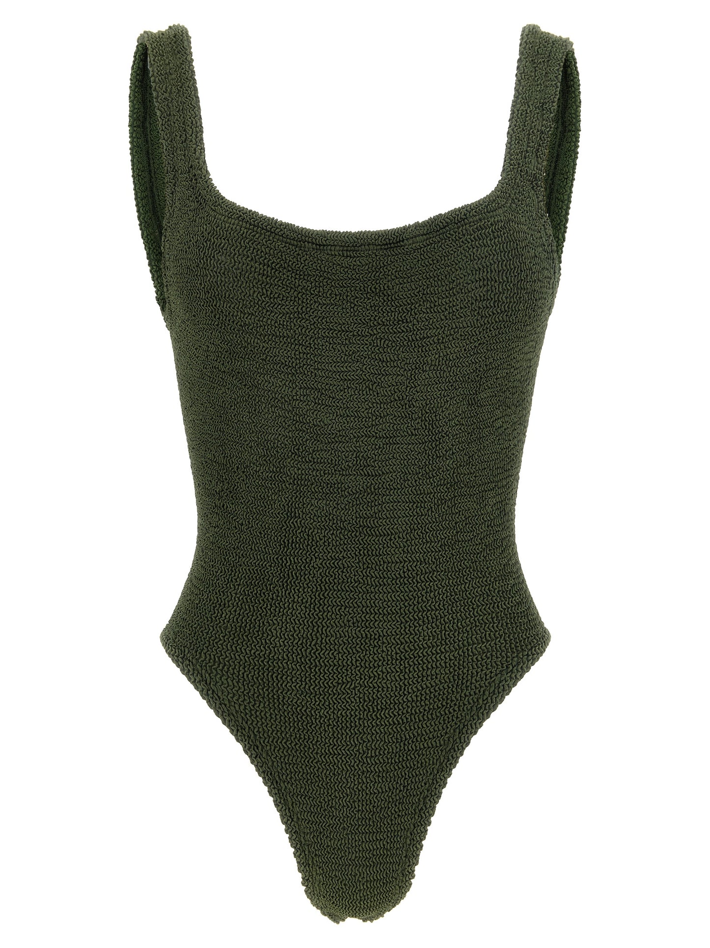 One-Piece Swimsuit by Hunza G for women in stretch polyamide bicolour, green & khaki showcases a couture inspired silhouette from the Women's Stretch Polyamide One-Piece Swimsuit collection, featuring a couture inspired cut designed for a couture inspired and couture inspired poolside look.