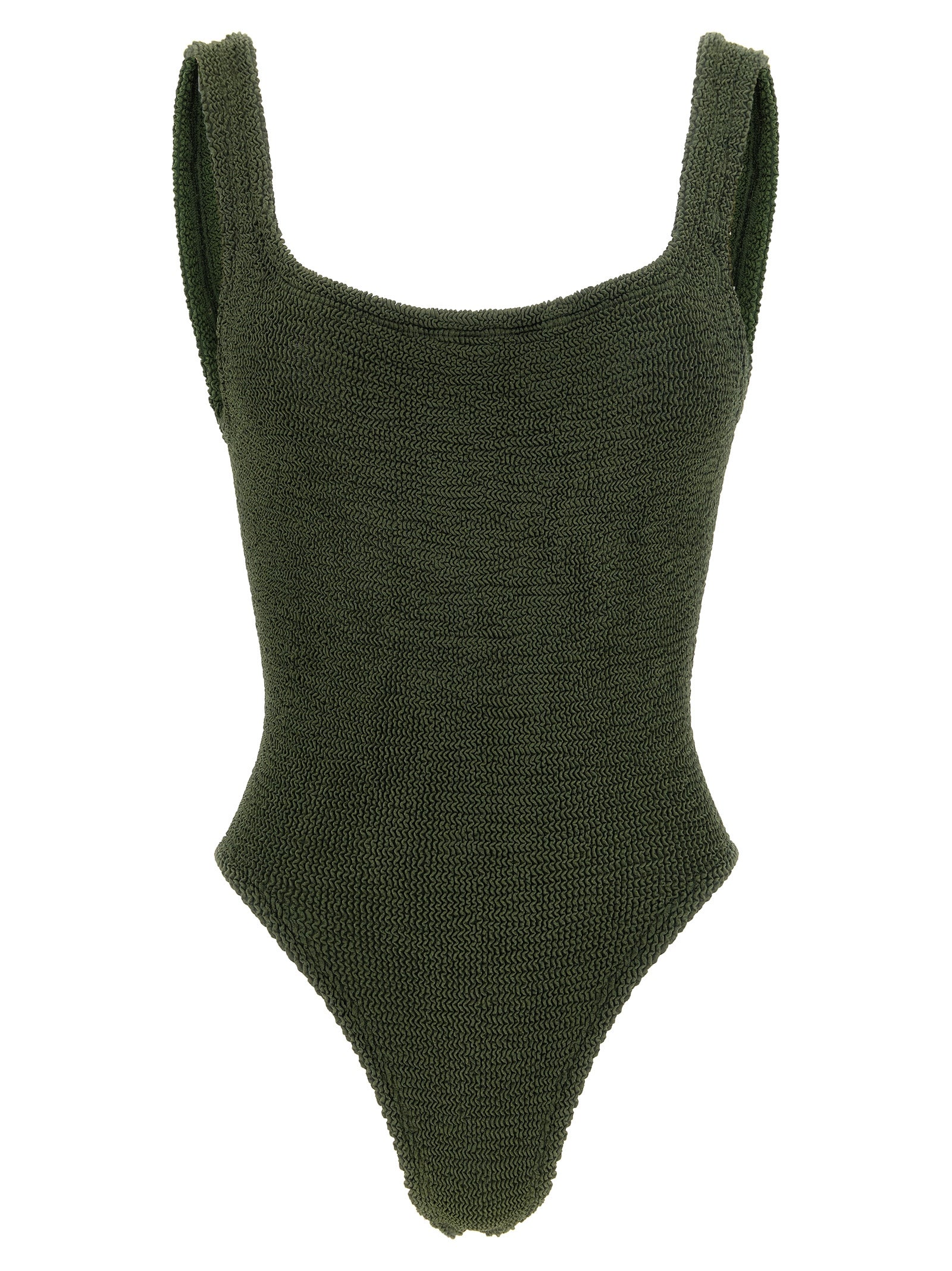 One-Piece Swimsuit by Hunza G for women in stretch polyamide bicolour, green & khaki showcases a couture inspired silhouette from the Women's Stretch Polyamide One-Piece Swimsuit collection, featuring a couture inspired cut designed for a couture inspired and couture inspired poolside look.