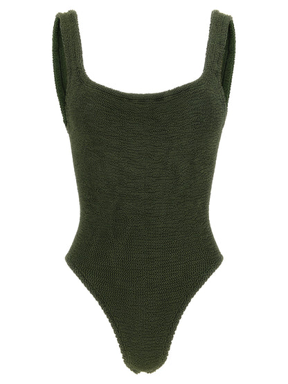 One-Piece Swimsuit by Hunza G for women in stretch polyamide bicolour, green & khaki showcases a couture inspired silhouette from the Women's Stretch Polyamide One-Piece Swimsuit collection, featuring a couture inspired cut designed for a couture inspired and couture inspired poolside look.