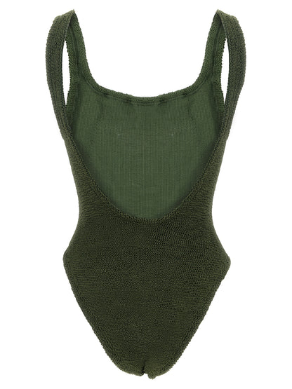 One-Piece Swimsuit by Hunza G for women in stretch polyamide bicolour, green & khaki features a ethereal silhouette, artfully capturing the essence of Women's Stretch Polyamide One-Piece Swimsuit with its ethereal design and refined cut.