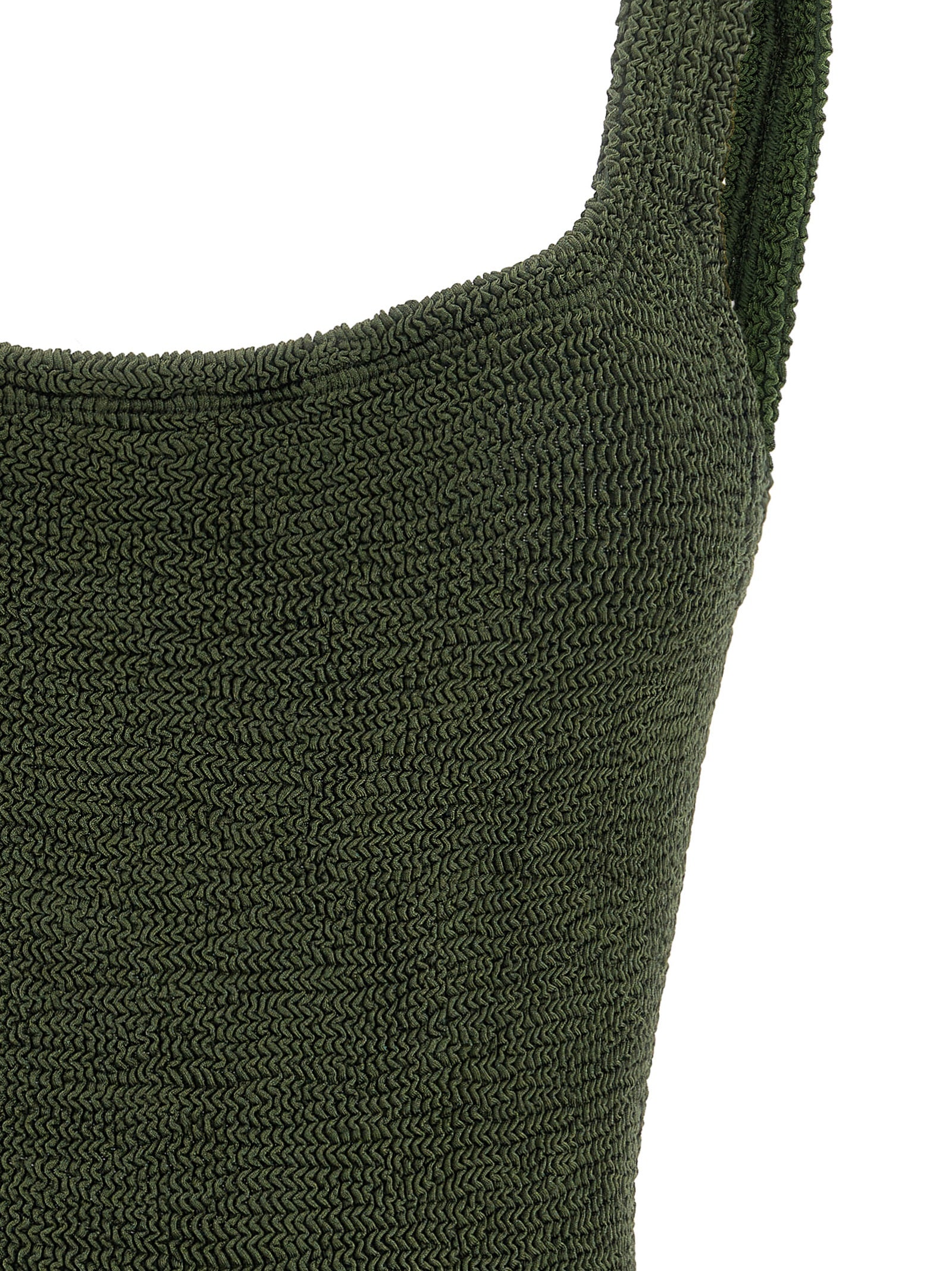 One-Piece Swimsuit by Hunza G for women in stretch polyamide bicolour, green & khaki features an jaw dropping silhouette, showcasing the jaw dropping Women's Stretch Polyamide One-Piece Swimsuit design with a sophisticated cut for a jaw dropping finish.
