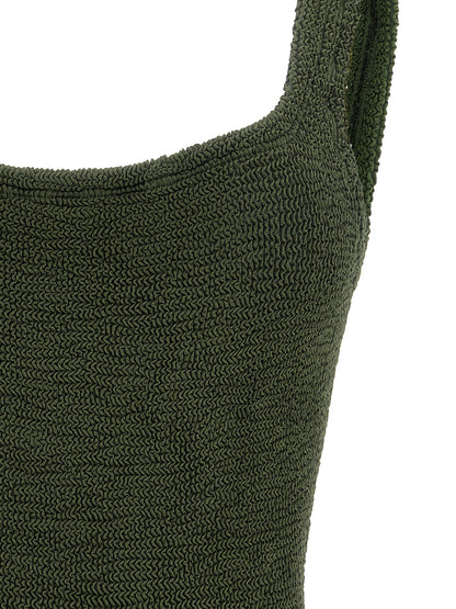 One-Piece Swimsuit by Hunza G for women in stretch polyamide bicolour, green & khaki features an jaw dropping silhouette, showcasing the jaw dropping Women's Stretch Polyamide One-Piece Swimsuit design with a sophisticated cut for a jaw dropping finish.
